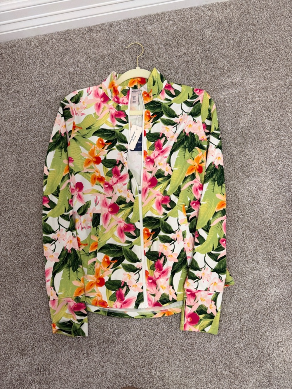 Tommy Bahama Tropical Floral Zip Bomber Jacket - Green, Pink, Orange